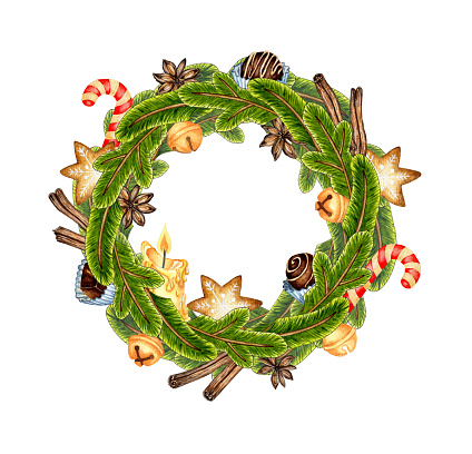 Watercolor illustration of a Christmas wreath made of fir branches, chocolates, cinnamon, candies, cookies, bells. Isolated on a white background. Composition for cards, congratulations, invitations