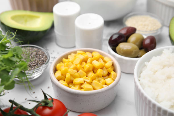istock Ingredients for poke bowl on white marble table, closeup 1777127438