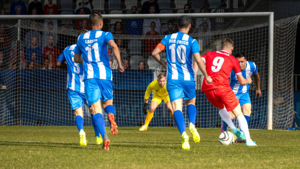 Male soccer players leading ball and scoring goal, back view wide shot