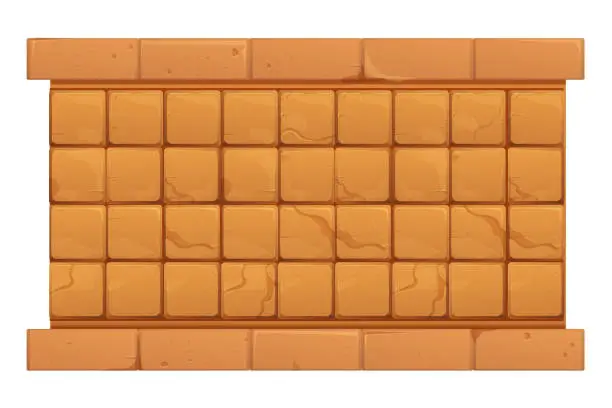 Vector illustration of Stone wall from bricks, rock, game background medieval in cartoon style, seamless textured surface. Ui game asset, road or floor material. Vector illustration