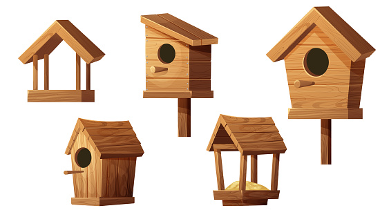 Set wooden bird feeder and bird house with roof, hole and seeds in cartoon style isolated on white background. Hanging construction, bird care. Vector illustration