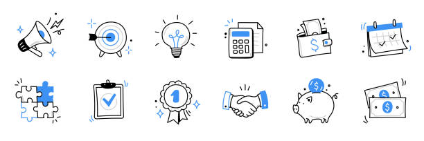Hand drawn business, money icon set. Finance, money, marketing sketch drawn cute trendy doodle icon. Business money, finance calculator, economic elements. Vector Hand drawn business, money icon set. Finance, money, marketing sketch drawn cute trendy doodle icon. Business money, finance calculator, economic elements. Vector illustration funny contract stock illustrations