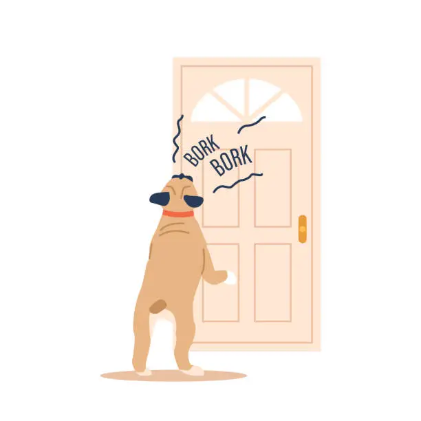 Vector illustration of Dog Persistently Barking At The Door Signals A Behavior Problem, Likely Stemming From Anxiety, Territorial Instincts