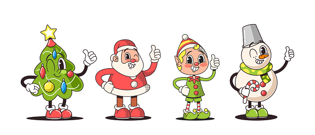 Retro-style Christmas Characters Evoke Nostalgia. Santa Claus With Twinkle Wink Eyes, Snowman In Classic Attire, Tree And Elf Thumbs Up. Cartoon Vector Personages In A Vintage, Heartwarming Ambiance