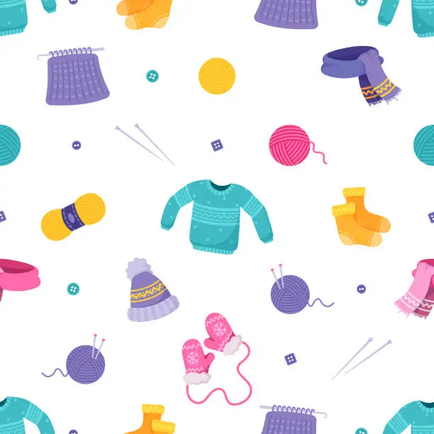 Vector illustration of Seamless Pattern Features Cozy Winter Knit Clothes Like Sweaters, Scarves, Hats And Mittens In Various Designs