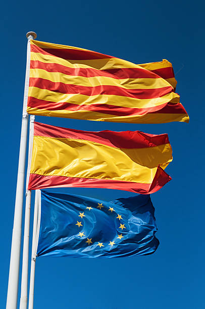 Catalonia Spain and Europe flags on blue sky