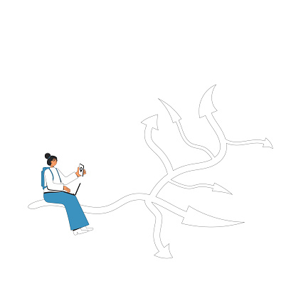 Woman sitting at crossroads symbol. Confused person thinking about the right path. Vector illustration in line art style.