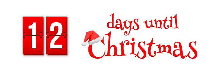 Countdown of days until Christmas, advent calendar with flip numbers template vector illustration. Red vintage text with Santa hat. 12 days until Christmas.