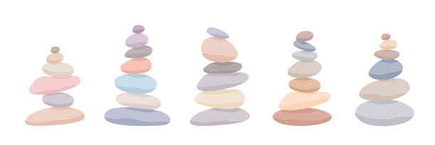 ilustrações, clipart, desenhos animados e ícones de meditação pedra equilíbrio pirâmide conjunto ilustração vetorial. coleção de objetos de cores pastéis de seixos empilhados isolada no fundo branco - arrangement asia backgrounds balance