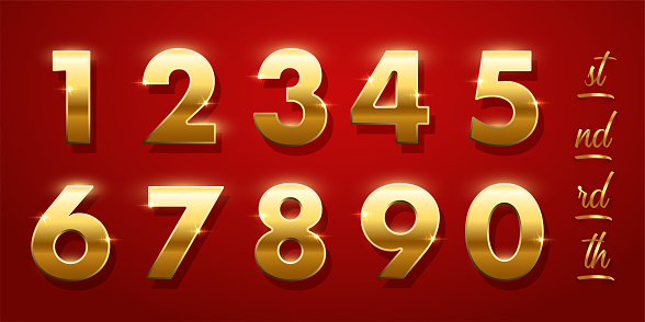 Birthday golden numbers and ending of the words isolated on red background.. Set of gold yellow isolated numbers. Bright metallic 3D, realistic vector design elements.