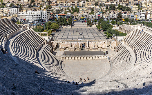 A panorama taken from the top of the ancient Roman theatre with the city in the background. Amman, Jordan
