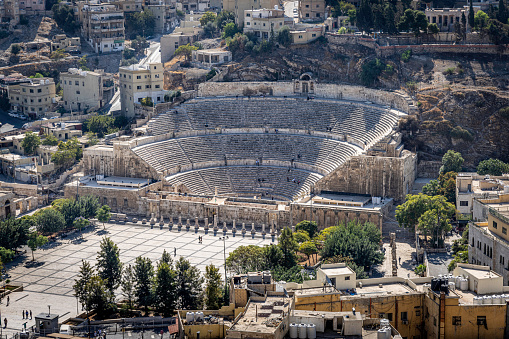 The Roman Theatre of the ancient Philadelphia seen from the citadel hill - built during the reign of Antonius Pius (138-161 AD), Amman, Jordan.
