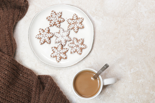 Christmas gingerbread cookies and chocolate milk mug, concept of winter holidays desserts and decoration