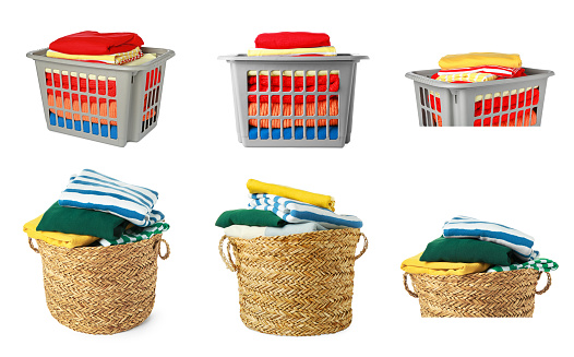 Collage with laundry baskets full of clothes on white background, views from different sides