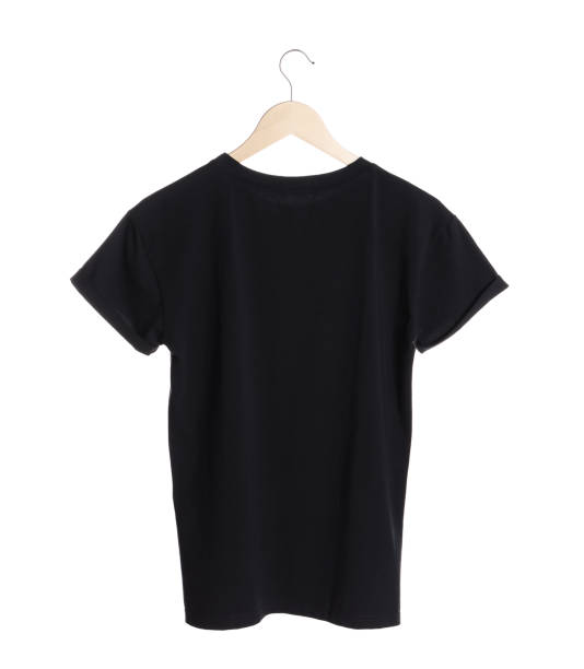 istock Hanger with stylish black t-shirt on white background, back view 1777167214