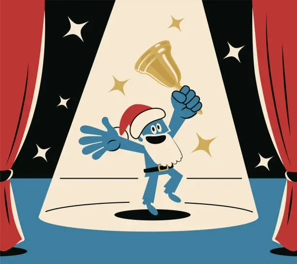 Vector illustration of Happy blue Santa Claus blessing everyone and dancing ringing a jingle bell on stage with a spotlight