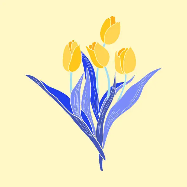 Vector illustration of Tulip bouquet Botanical painting. Hand-drawn vector illustration. Lemon color background.