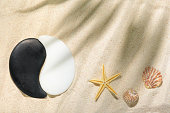 sun lights with hard shadow of palm leaf in wavy water on abstract sand background with shell, starfish and sign Yin-Yang stones, beautiful abstract spa concept