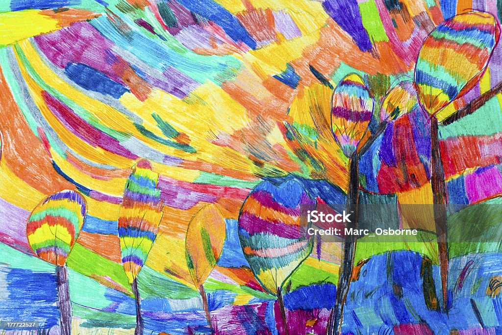 Children-style coloring of a tropical garden artwork Abstract art painting Child's Drawing Stock Photo