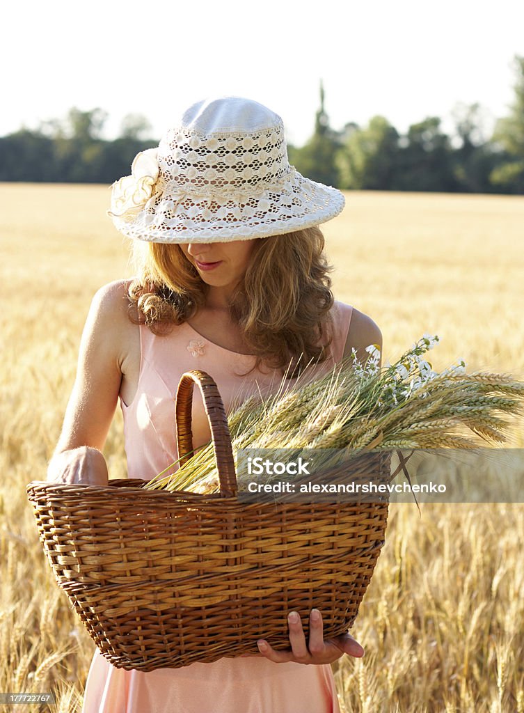 Jeune femme avec panier plein de blé mûr oreilles - Photo de Adulte libre de droits