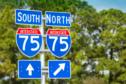 Directional signs along US Interstate I-75 in Florida
