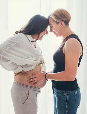 Smiling young women couple next to living room window. Tender touching partner's pregnant belly. Woman's health, happy pregnancy doula supporting, same-sex marriage and calm mental mood concept image.