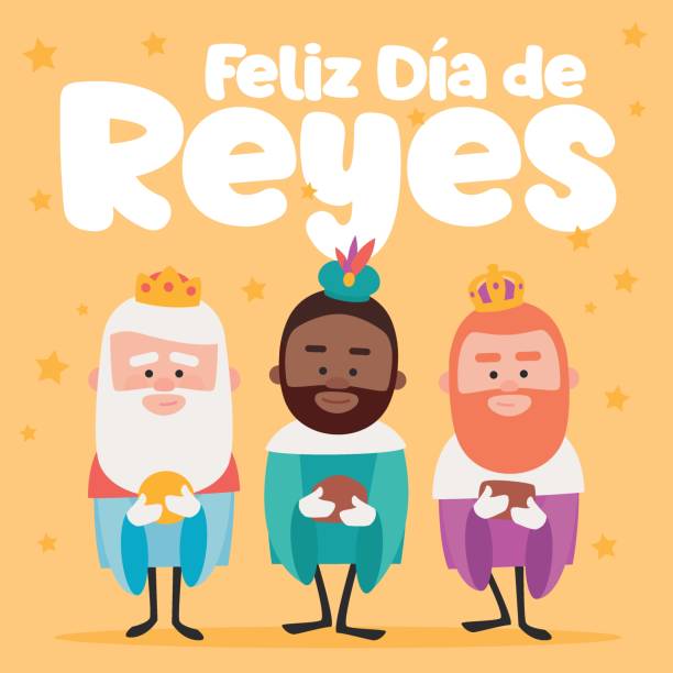 Happy epiphany written in spanish. Three funny wise men. Kings of orient on yellow background. Happy epiphany written in spanish. Three funny wise men. Kings of orient on yellow background. tree crown stock illustrations