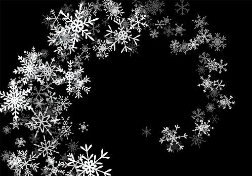 Christmas background with falling snowflakes. Winter holiday background or frame with pattern of layered snow