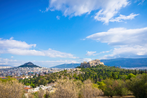 Panoramic view of metropolitan Athens, Greece with Lycabettus hill and Pedion tou Areos park seen from Areopagus rock