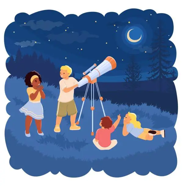 Vector illustration of Little children looking through telescope into starry sky