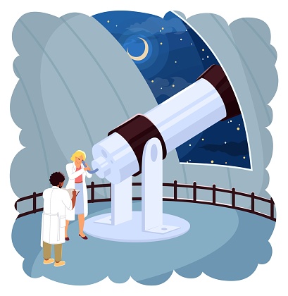 Scientists looking on starry night sky through telescope in observatory vector illustration. Astronomers observing constellations. Astrophysicist studying astronomical bodies and galaxies