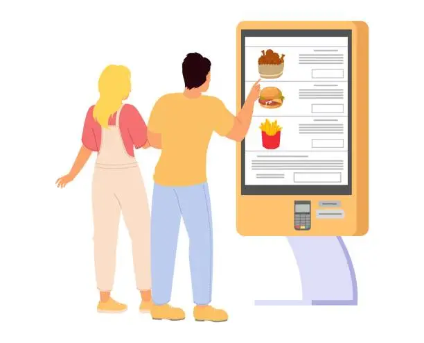 Vector illustration of Happy couple using self-service food kiosk
