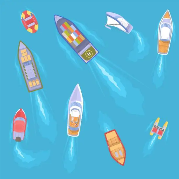 Vector illustration of Yachts and boats over sea or ocean water surface aerial eye view