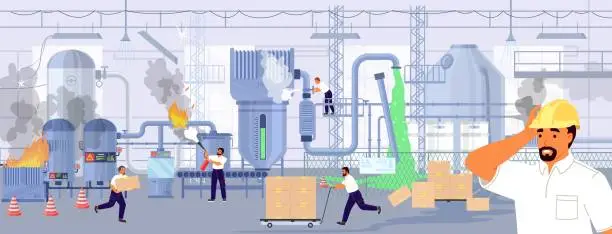 Vector illustration of Accident on plant vector illustration with shocked engineer face