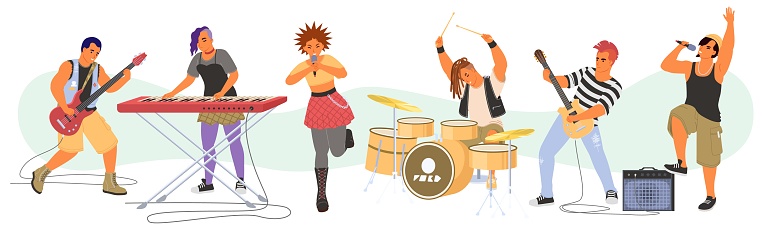 Punk rock band male and female characters playing music instrument and singing in microphone vector illustration. Talented artists performing isolated on white background