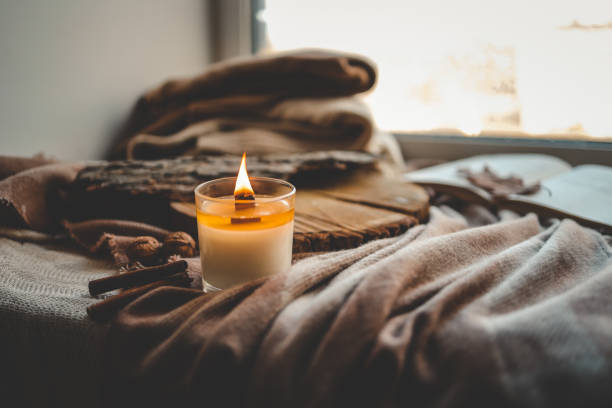 istock Burning candle in home interior, autumn aesthetics 1777253495