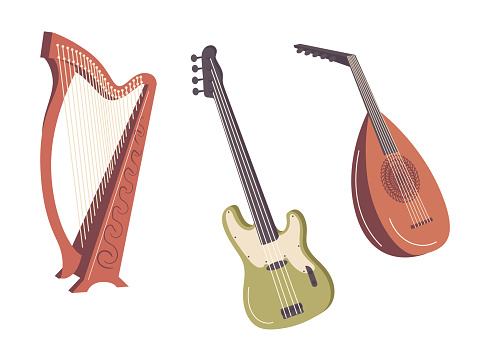 Classic, folk, rock musical string instrument as harp, bandura and electric bass guitar isolated set on white background. Ethnic music equipment for instrumental orchestra cartoon vector illustration
