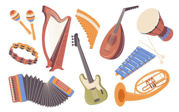 istock Acoustic, classic, folk and modern musical instruments cartoon set isolated on white background 1777258001