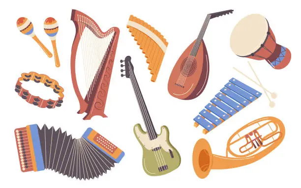 Vector illustration of Acoustic, classic, folk and modern musical instruments cartoon set isolated on white background