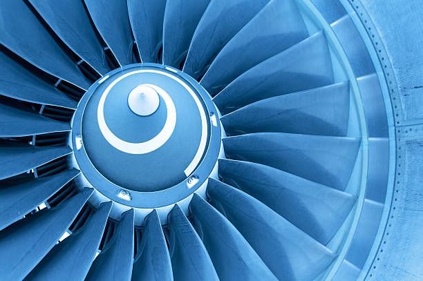 istock Titan blades of jet plane engine, blue light 177726071