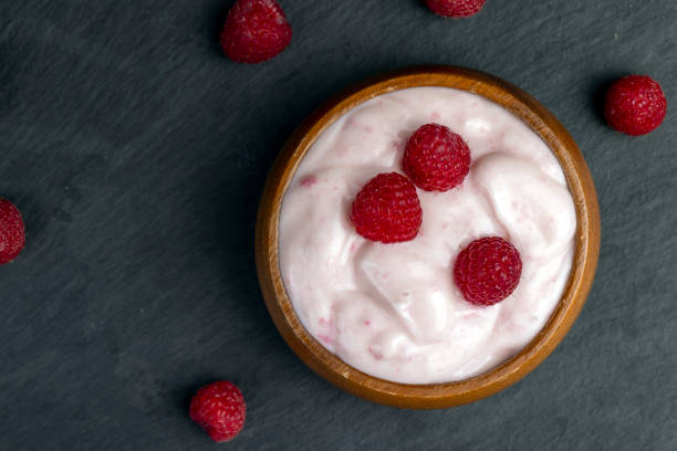 fresh yogurt with raspberry flavor, close up