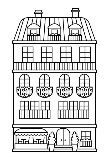 Vector illustration of Vector block of flats line icon. Paris traditional house illustration or coloring page. Black and white historical French building picture with cafe isolated on white background