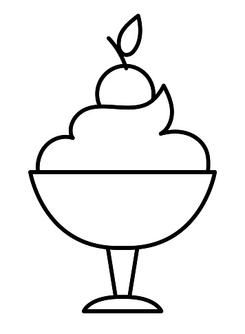 Mousse with cherry on top line icon. French dessert glass vector black and white illustration. Whipped cream or coloring page