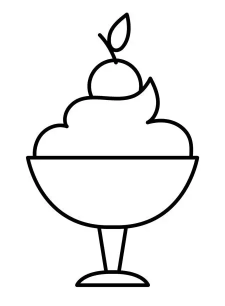 Vector illustration of Mousse with cherry on top line icon. French dessert glass vector black and white illustration. Whipped cream or coloring page