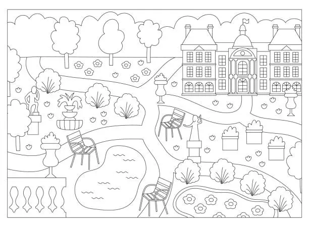 Vector illustration of Vector black and white Luxembourg garden in Paris landscape illustration. French capital city park line scene with palace, benches, chairs, sculptures. Cute France background or coloring page