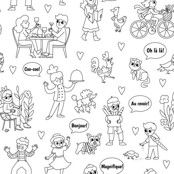 Vector black and white seamless pattern with people of France. Repeating line background with French men, animals, phrases. Cute Paris digital paper or coloring page with cockerel, mime, cook Vector black and white seamless pattern with people of France. Repeating line background with French men, animals, phrases. Cute Paris digital paper or coloring page with cockerel, mime, cook bulldog reading stock illustrations