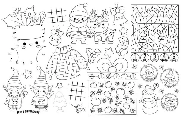 Vector illustration of Vector kawaii Christmas placemat for kids. Winter holiday printable activity mat with maze, tic tac toe chart, connect the dots, find difference. Black and white winter play mat or coloring page