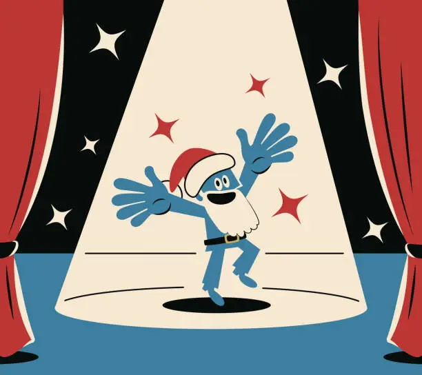 Vector illustration of Happy blue Santa Claus blessing everyone and dancing on stage with a spotlight
