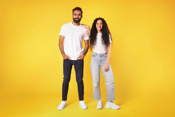 istock Happy Romantic Arab Couple Standing Over Yellow Background, Full Length 1777277982
