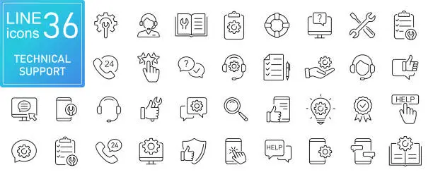Vector illustration of Technical support line icons set. Modern outline elements, graphic design concepts, simple symbols collection. Vector line icons